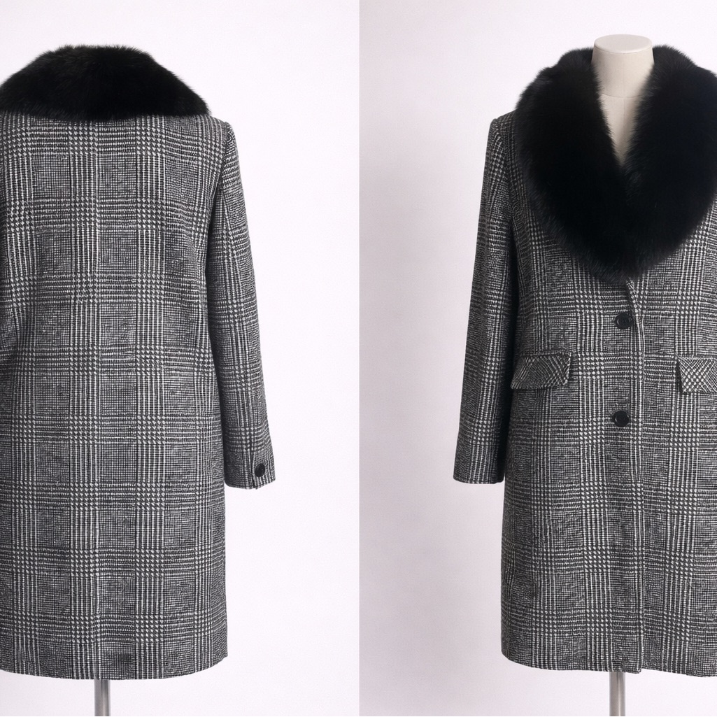 Women's Black And Gray Plaid Coat With Genuine Dyed Fox Collar